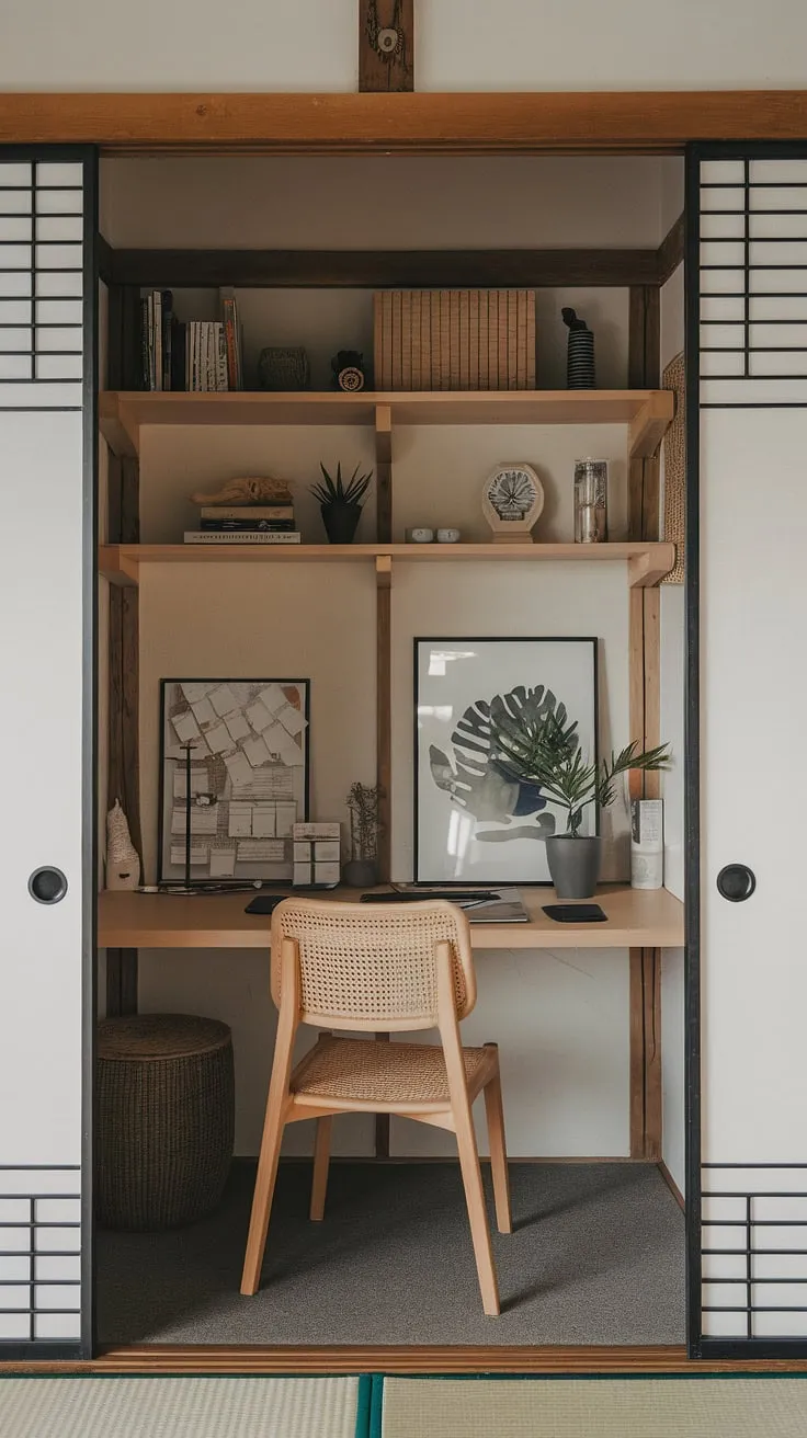 This japandi workspace showcases warm minimalism through its Japanese interior and Scandinavian elements, resulting in a cozy, clutter-free office that promotes a zen atmosphere with natural materials.
