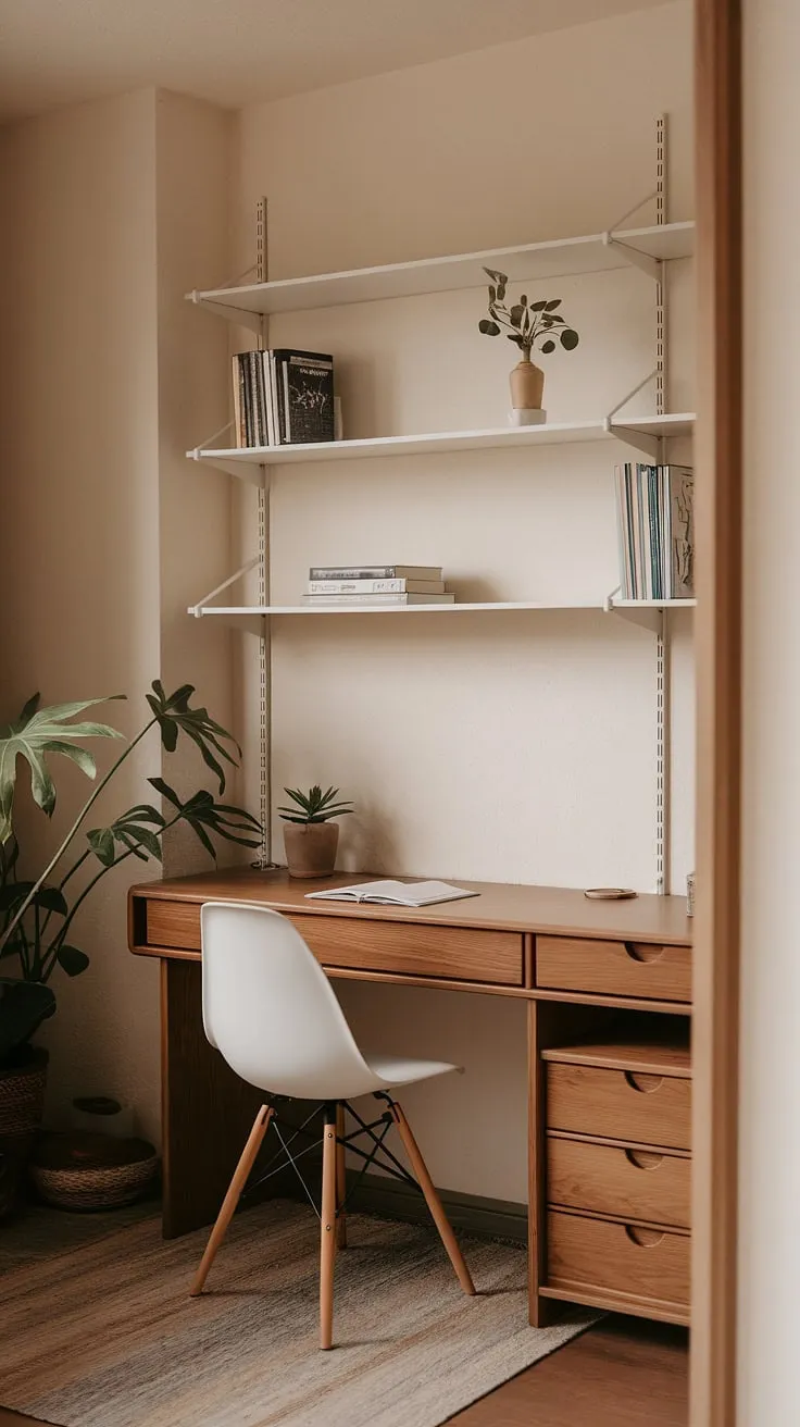 This Japandi home office showcases a minimalist design with natural materials, featuring a cozy workspace that blends Scandinavian and Japanese interiors for a clutter-free, functional environment.