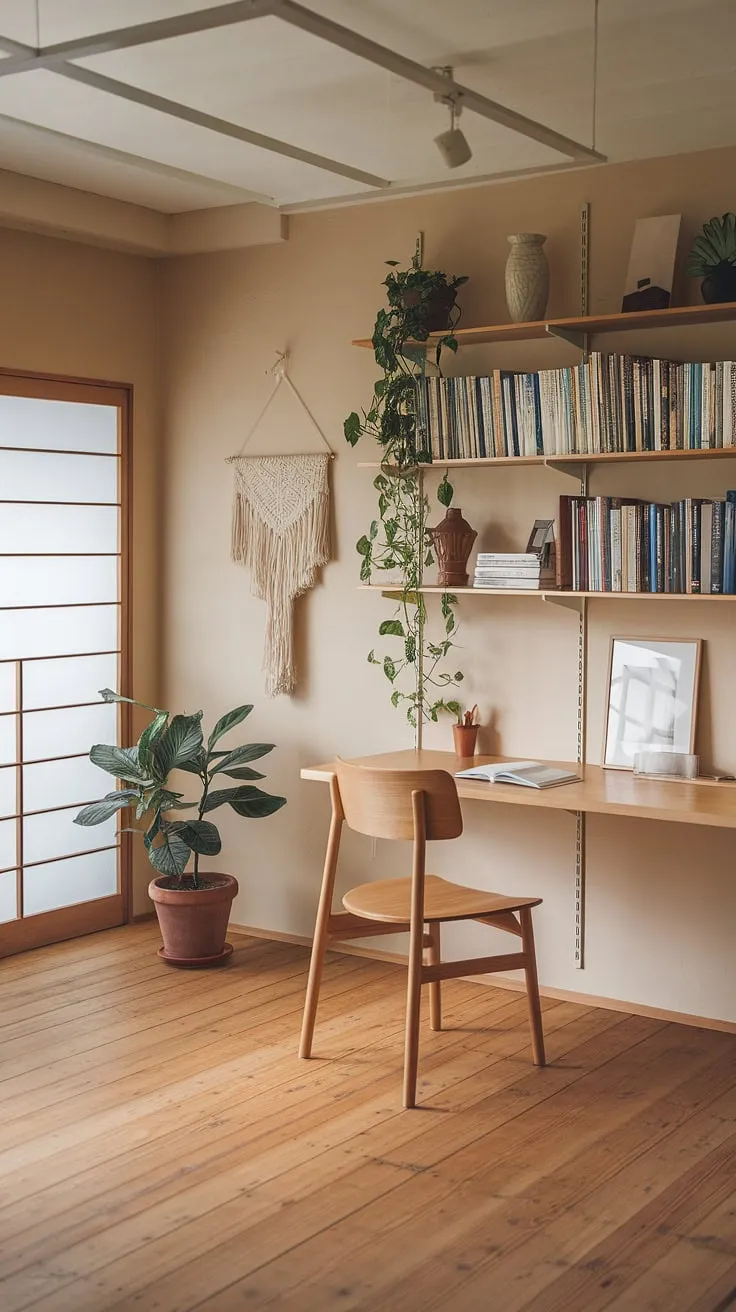 This modern home office embodies a zen environment with functional workspace elements, including a wooden desk, green plants, and soft beige walls that promote sustainable design and a minimalist aesthetic.