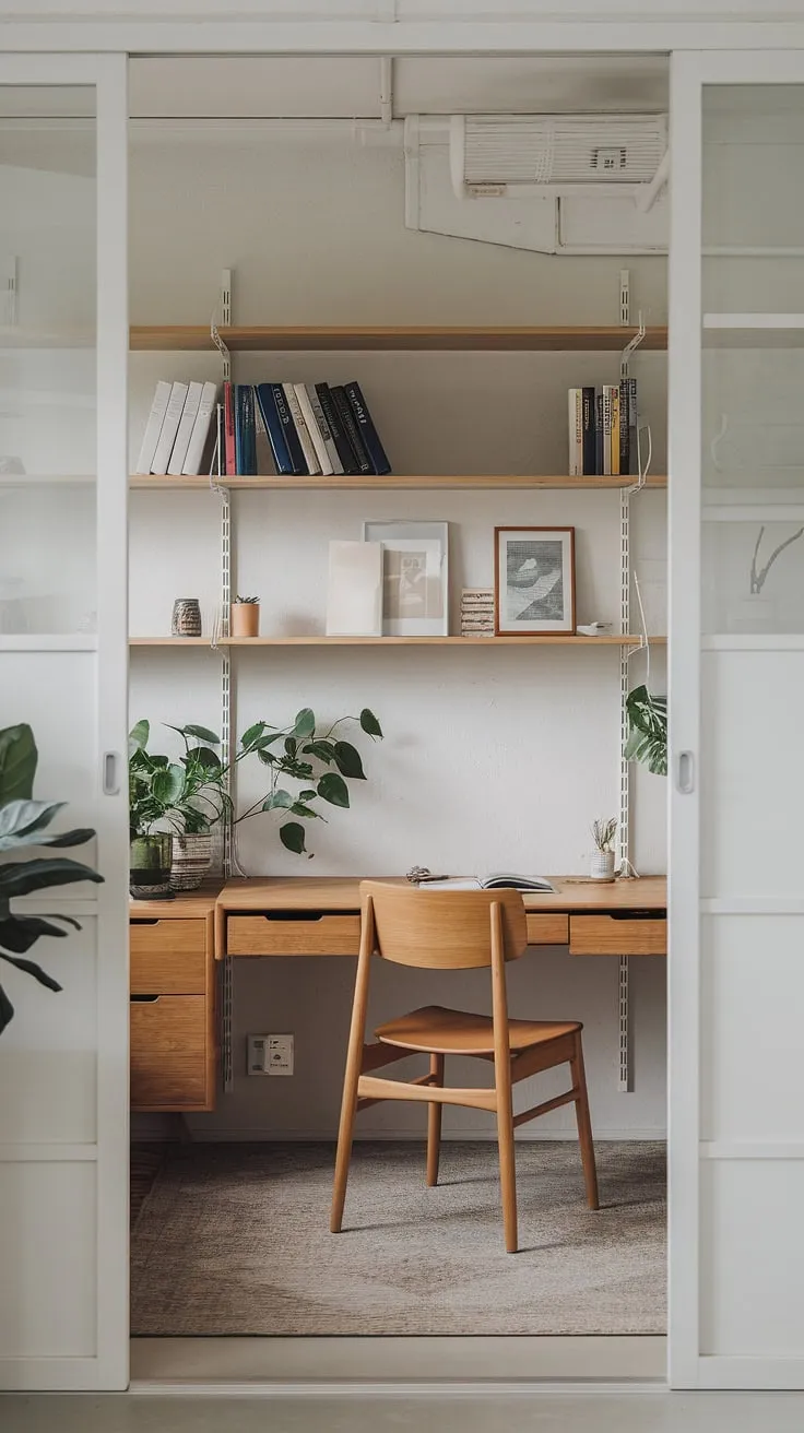 The modern home office combines warm minimalism and sustainable design, creating a zen office environment with a wooden desk, Scandinavian furniture, and a touch of greenery.