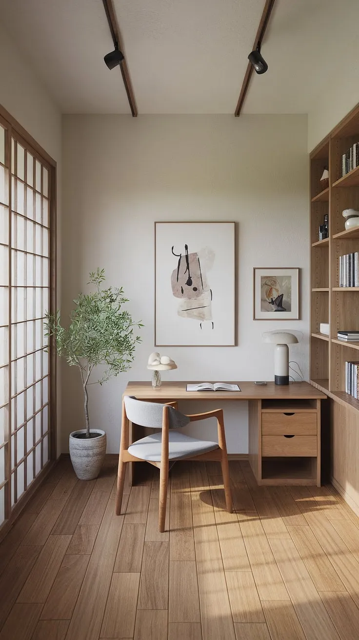 This japandi home office showcases a minimalist design with natural materials, creating a cozy and clutter-free workspace that embodies warm minimalism and sustainable design.