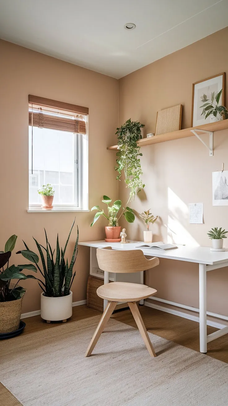 This japandi home office blends minimalist design with Scandinavian and Japanese influences, featuring natural materials, a clutter-free workspace, and warm minimalism for a cozy and functional environment.
