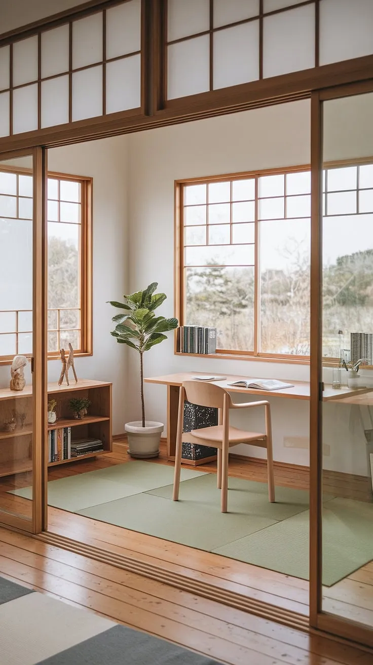 A Japandi home office blends Japanese and Scandinavian design with natural materials, creating a cozy, clutter-free workspace that embodies warm minimalism and functional elegance.