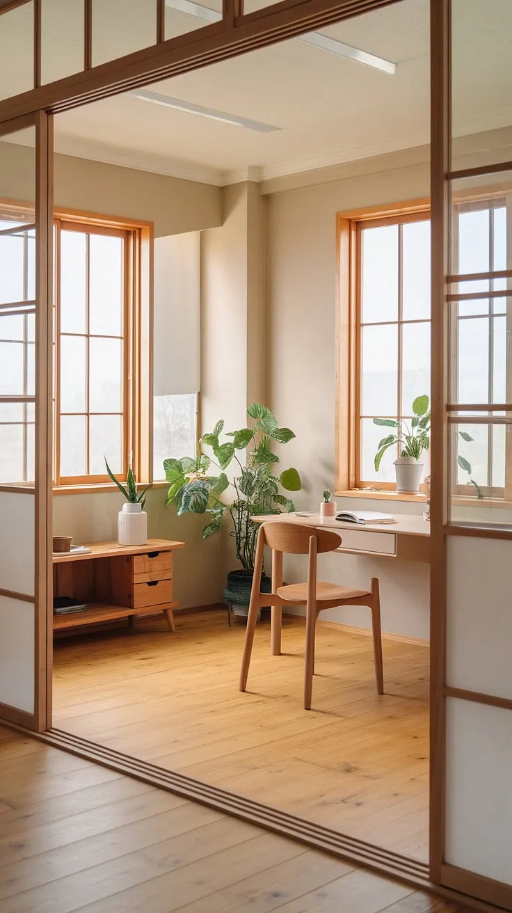 Featuring a light beige palette and abundant natural light, this Japandi workspace highlights a zen office environment with a focus on minimalist decor and greenery.