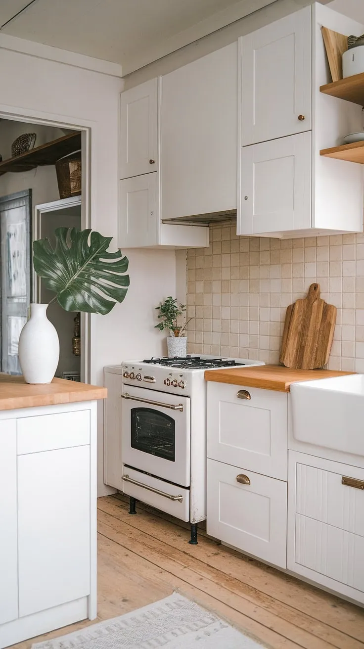 The Japandi-style kitchen showcases a harmonious mix of white cabinets and light wood elements, creating a modern white oak kitchen that enhances the overall Japandi interior design.