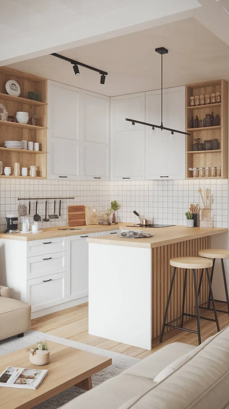 This Japandi kitchen features white cabinets and light wood countertops, harmonizing modern kitchen design with a wood and white aesthetic, while the adjacent Japandi living room showcases a cozy beige sofa and wooden coffee table.