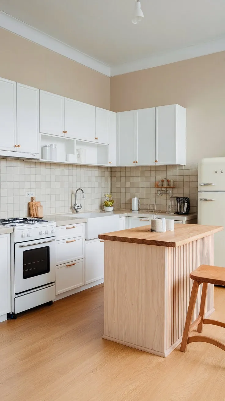 The Japandi-style kitchen showcases a modern white oak aesthetic with light wood floors and beige accents, perfectly balancing functionality and elegance.