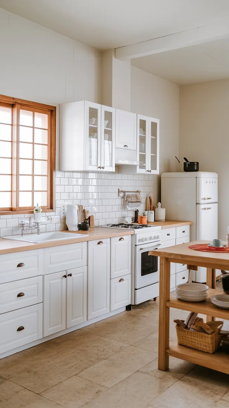 The Japandi-style kitchen showcases a blend of white cabinets and light wood elements, creating a modern white oak kitchen that perfectly complements a Japandi living room aesthetic.