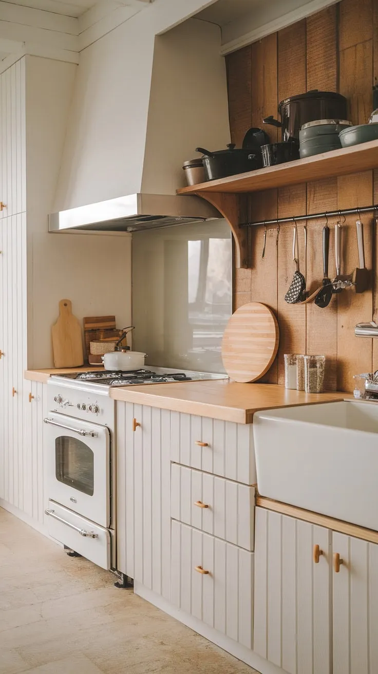 The Japandi-style kitchen showcases a harmonious mix of white cabinets and light wood accents, creating a warm and inviting space perfect for modern living.