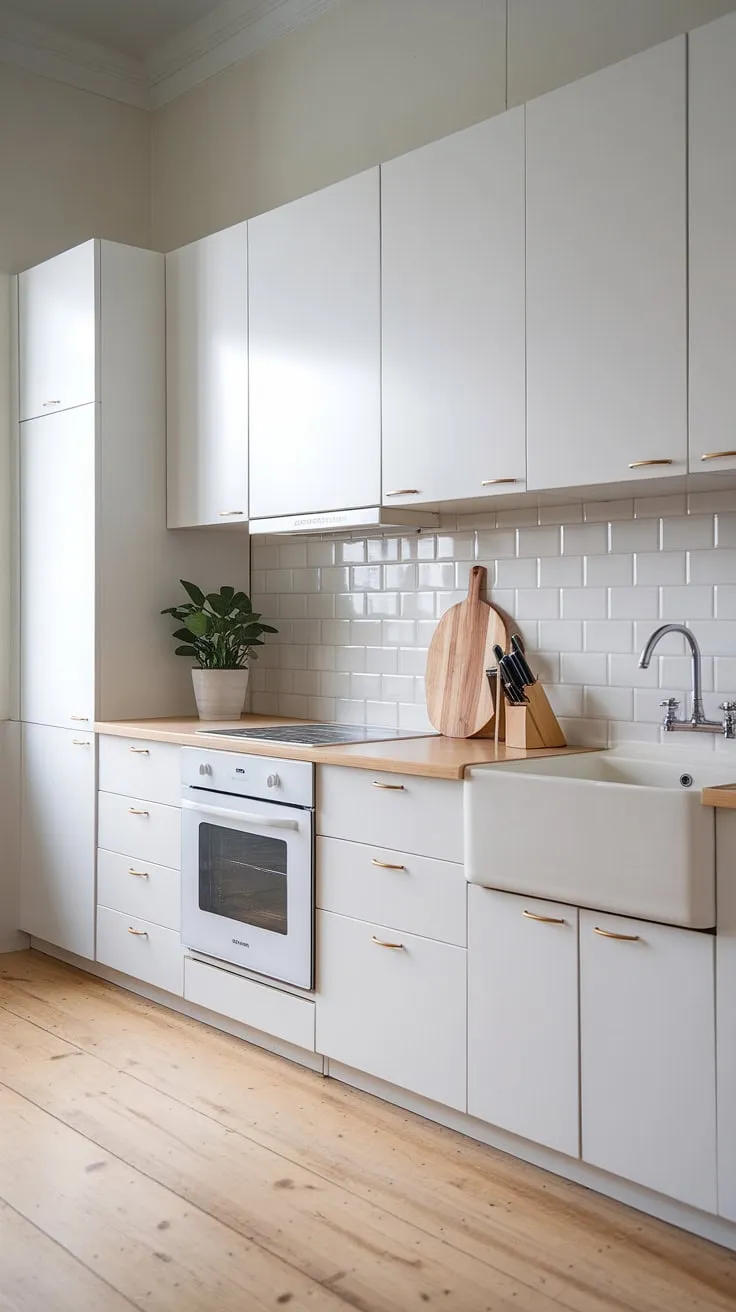 The Japandi interior design of this modern kitchen highlights white cabinets and light wood accents, creating a cohesive wood and beige kitchen that enhances the overall tranquility of the space.