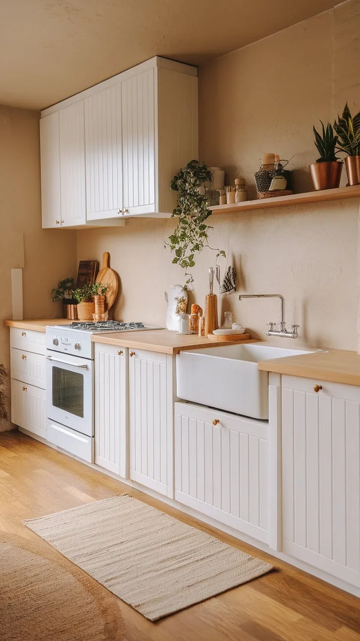 This Japandi kitchen features white cabinets and a light wood countertop, harmonizing modern kitchen design with a warm, earthy palette for a stylish wood and beige kitchen.
