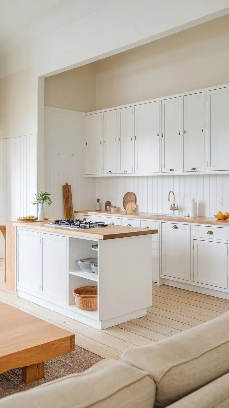 The Japandi-style kitchen, with its white cabinets and light wood accents, flows into a stylish living area, creating a cohesive modern kitchen design.