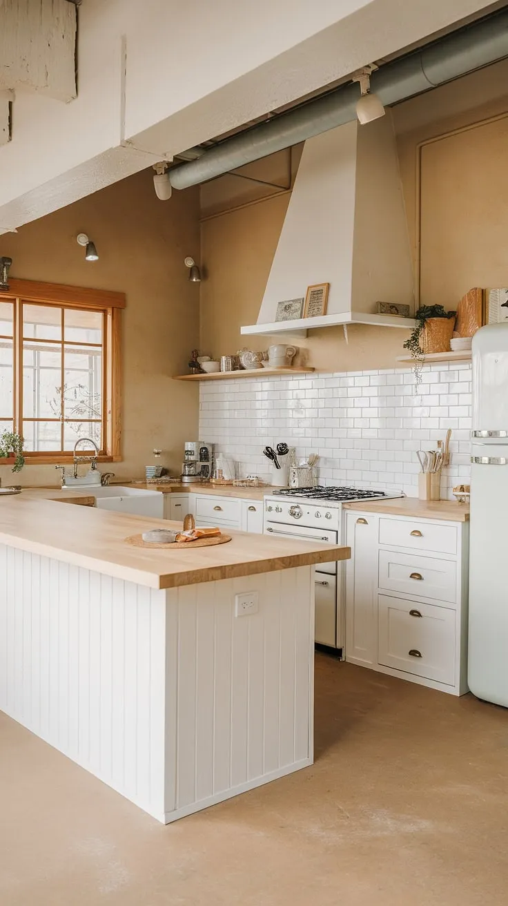 The Japandi-style kitchen showcases a modern white oak island and white cabinets, creating a warm and inviting space with light wood accents.