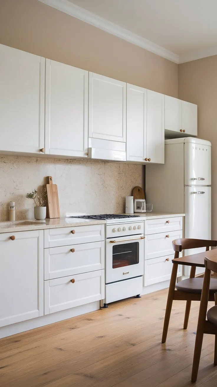 This Japandi kitchen features white oak cabinets, light wood flooring, and beige marble countertops, creating a harmonious blend of modern kitchen design and Japandi style.