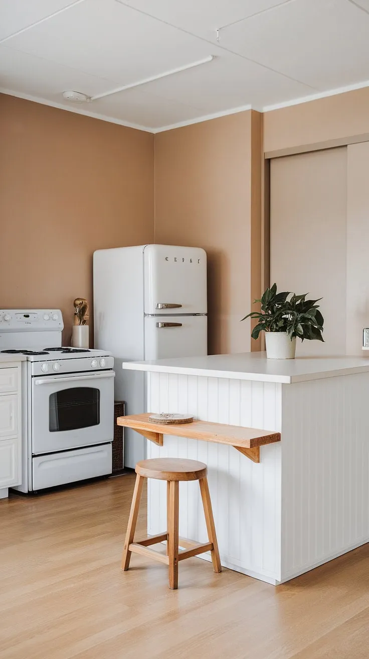 The Japandi-style kitchen showcases a modern aesthetic with a white island, light wood flooring, and beige walls, perfectly balancing functionality and elegance.