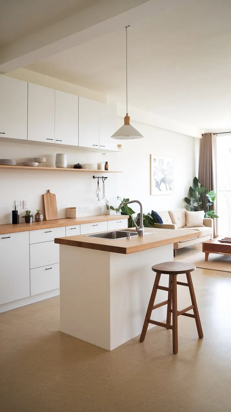 Featuring a light wood kitchen design with wood countertops and a stylish living room backdrop, this japandi style kitchen exemplifies modern kitchen design elegance.