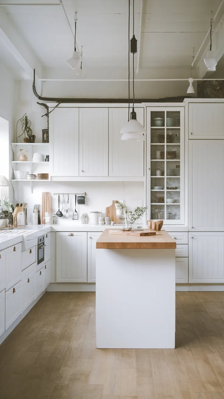 The Japandi-style kitchen combines white cabinets and light wood flooring, creating a modern kitchen design that highlights minimalist aesthetics with a chic white island and wooden accents.