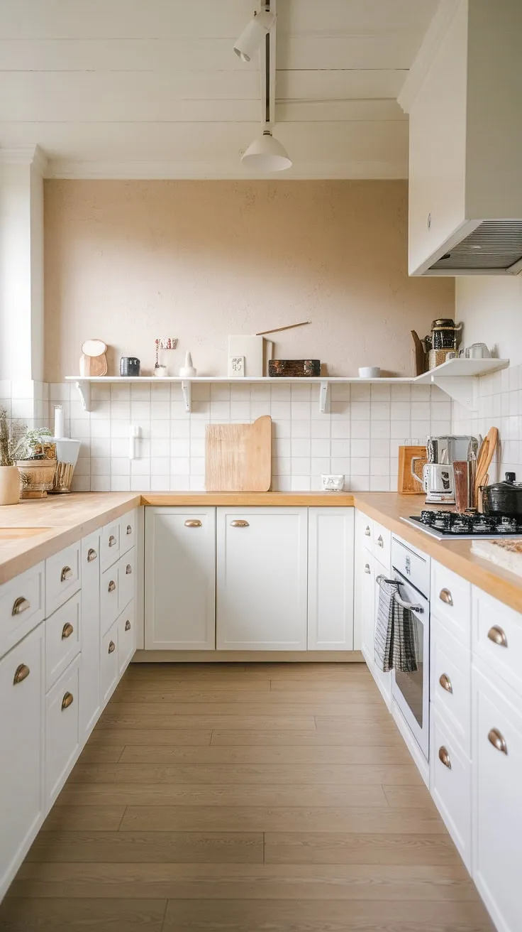 This stunning japandi kitchen features white cabinets, a light wood floor, and a modern white oak countertop, perfectly blending wood and beige elements for a stylish interior design.