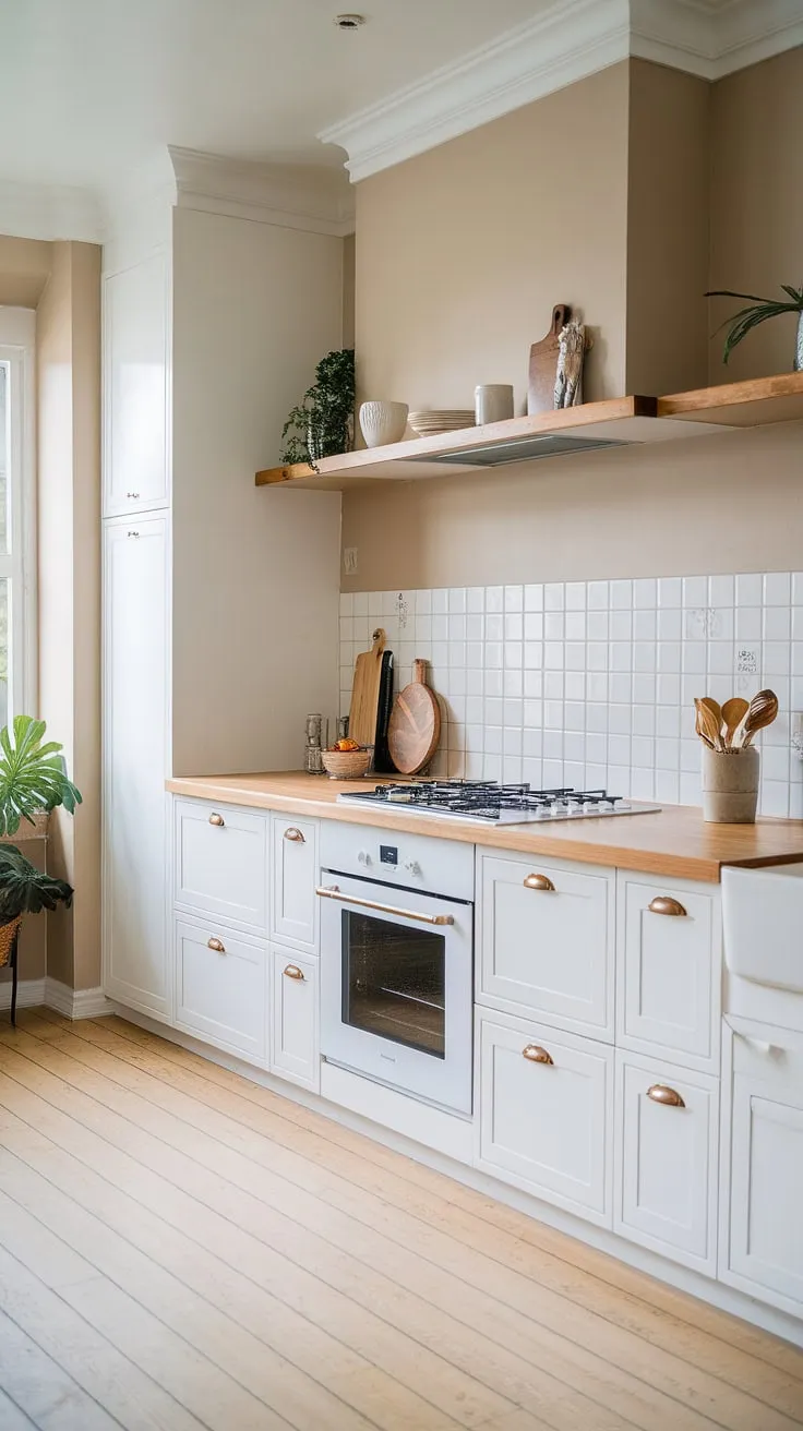 This japandi kitchen showcases a modern design with white cabinets, light wood flooring, and a white oak countertop, perfectly blending wood and beige elements for a stylish and functional space.