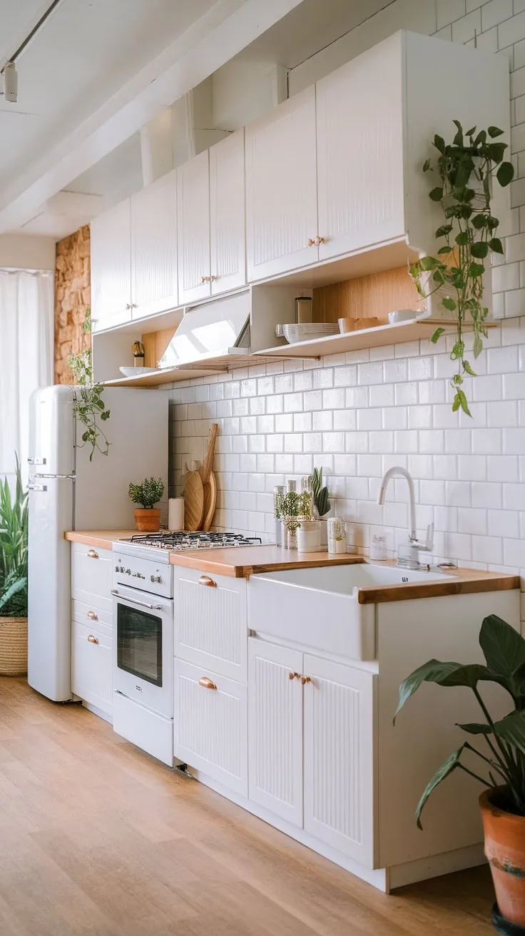 The Japandi-style kitchen showcases a modern white oak design with white cabinets and light wood accents, creating a tranquil space that blends functionality and aesthetic appeal.