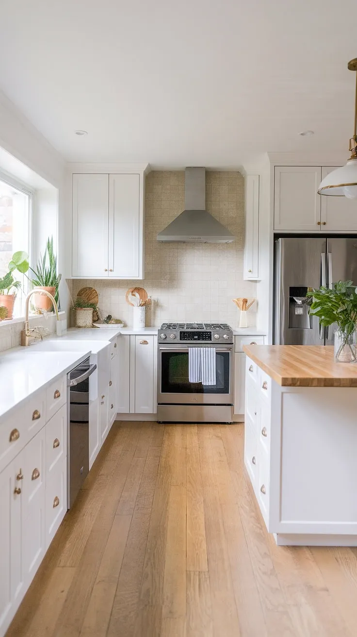 This Japandi kitchen features white cabinets, a light wood floor, and a modern design with a wooden countertop island, perfectly blending wood and beige elements for a stylish and functional space.