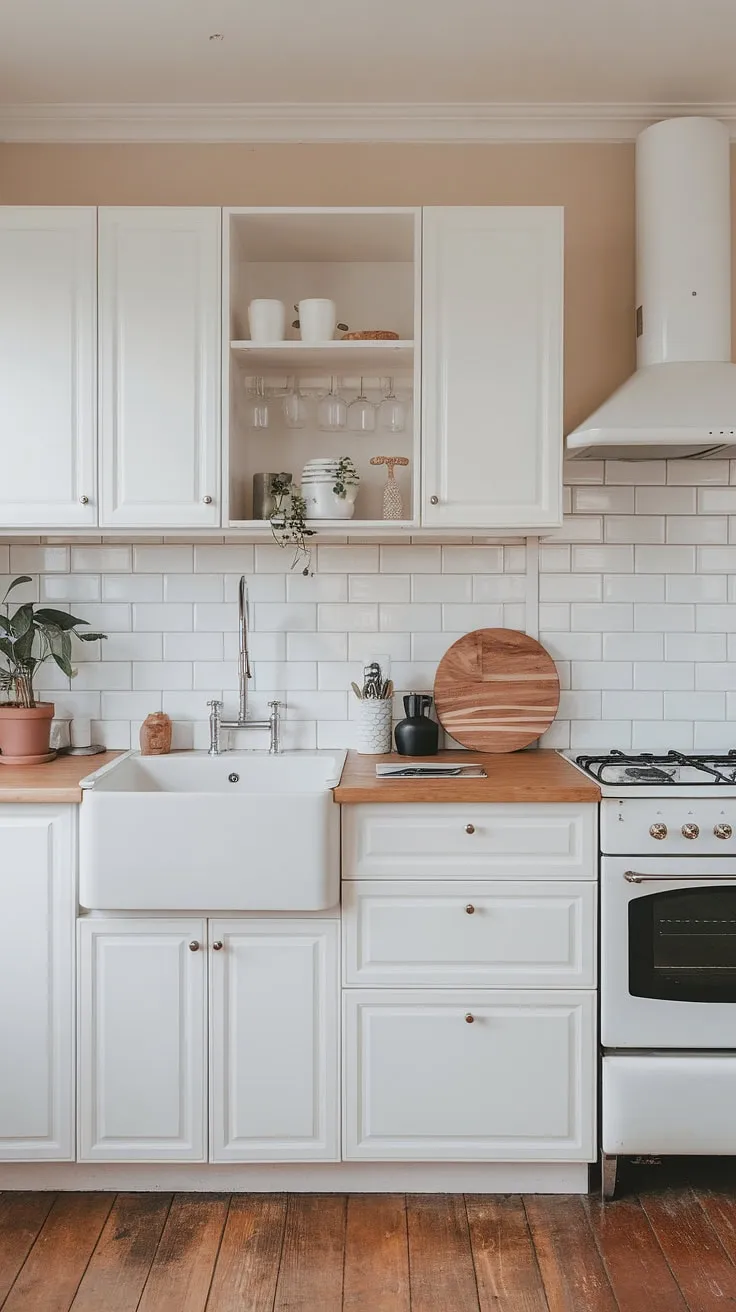 The Japandi-style kitchen showcases a harmonious mix of white cabinets and wood accents, creating a modern white oak kitchen that complements the overall Japandi interior design.