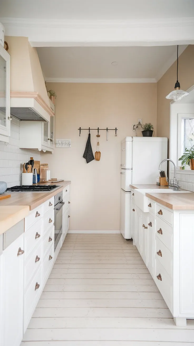 The Japandi-style kitchen showcases white cabinets and a light wood countertop, complemented by a beige backdrop and modern white oak flooring, creating an inviting wood and white modern kitchen atmosphere.