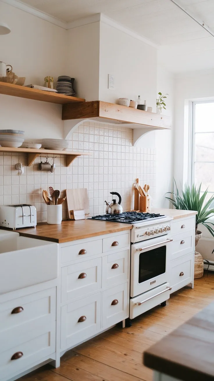 This Japandi kitchen features white cabinets and modern white oak elements, harmonizing wood and beige tones for a bright, spacious design.