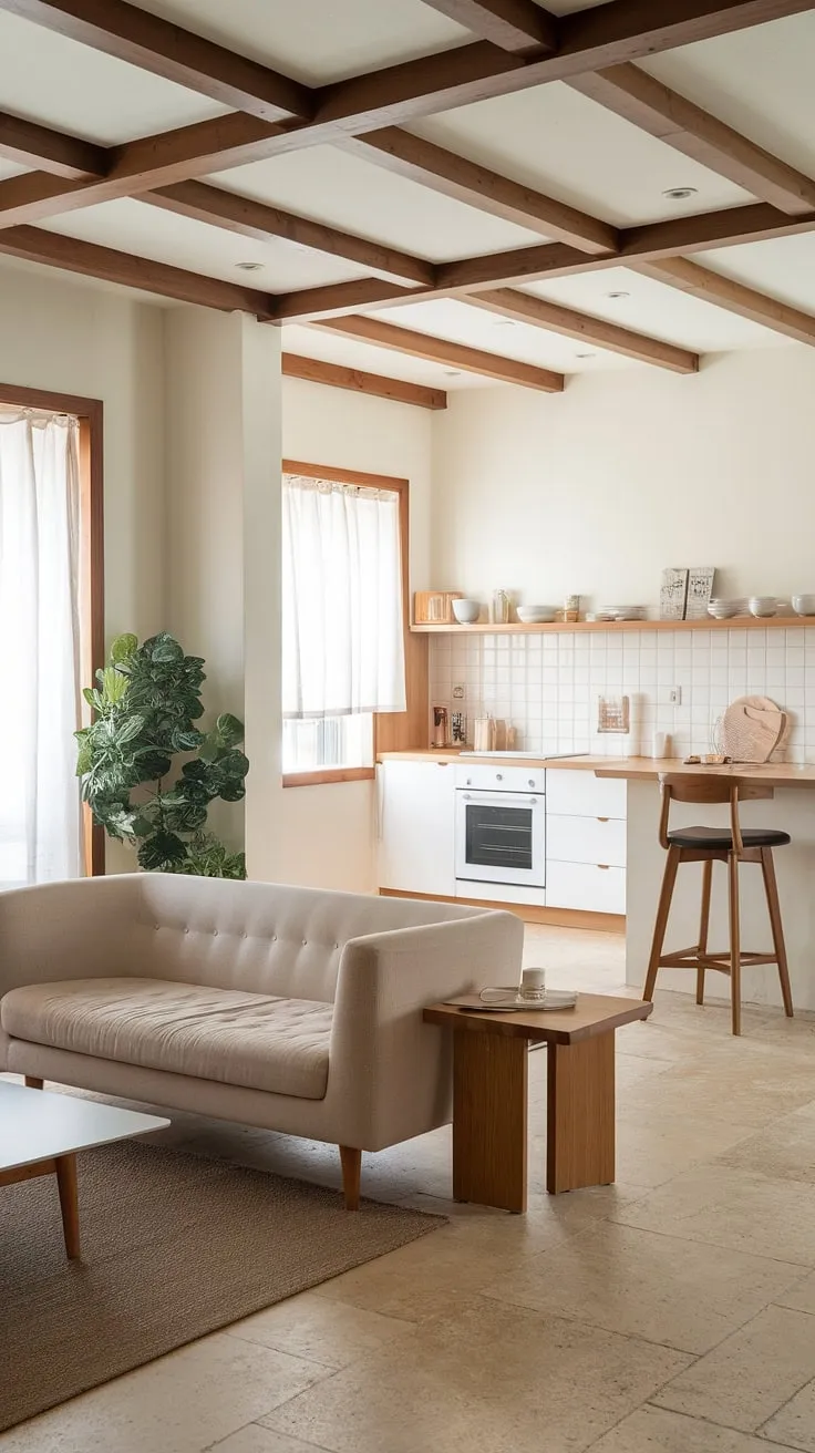 The Japandi-style kitchen, with its wood and white modern aesthetic, complements the beige sofa and wooden accents in the living room for a cohesive interior design.