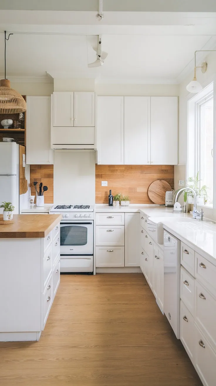 Featuring a white island with a wooden countertop and a well-lit ambiance, this Japandi style kitchen exemplifies the perfect fusion of modern kitchen design and natural materials.