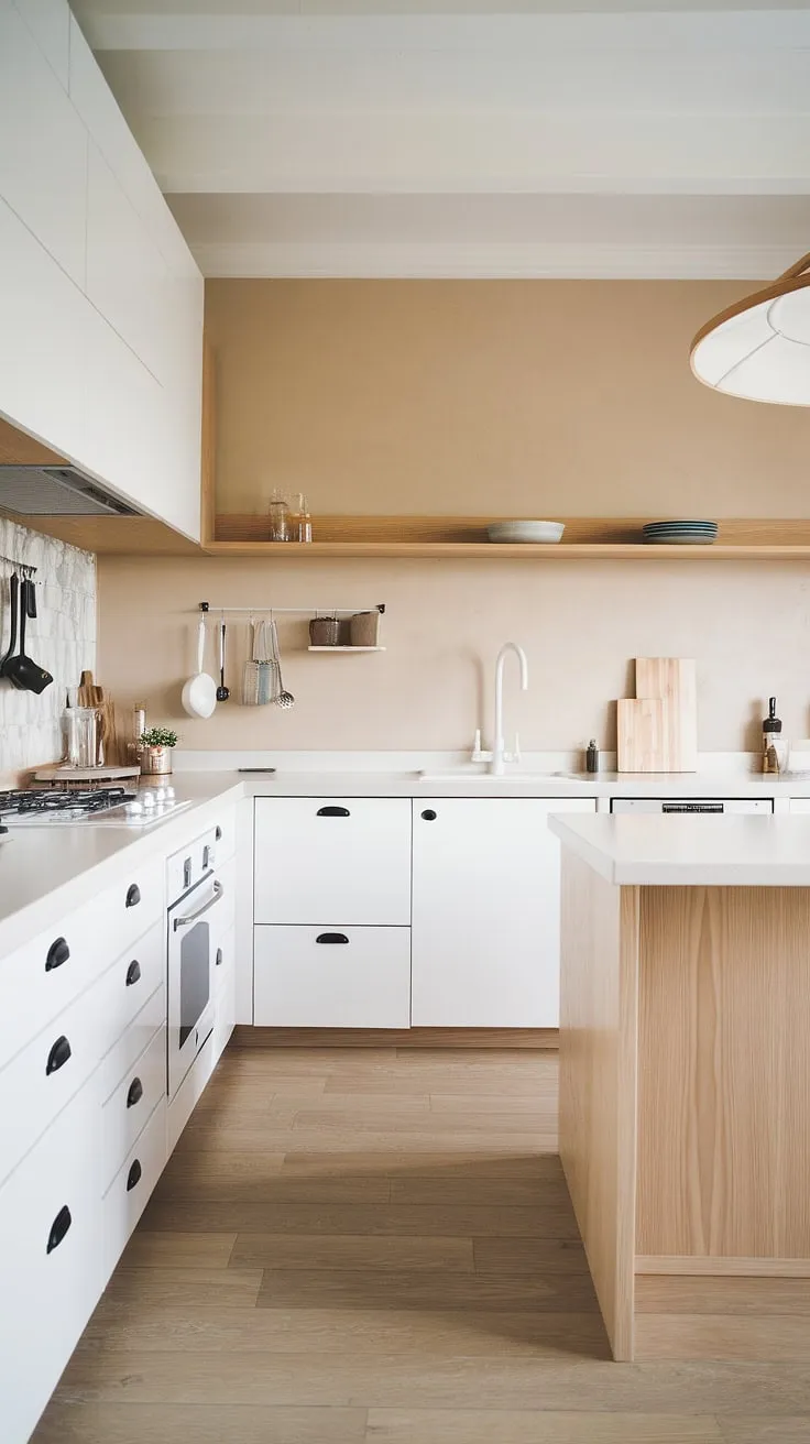 This Japandi kitchen features white cabinets and a light wood floor, blending modern kitchen design with elements of a wood and beige kitchen for a stylish and functional space.