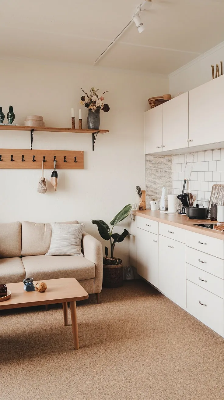 The Japandi-style kitchen showcases a modern design with white cabinets and light wood countertops, perfectly complementing the inviting living room with its beige sofa and wooden decor.
