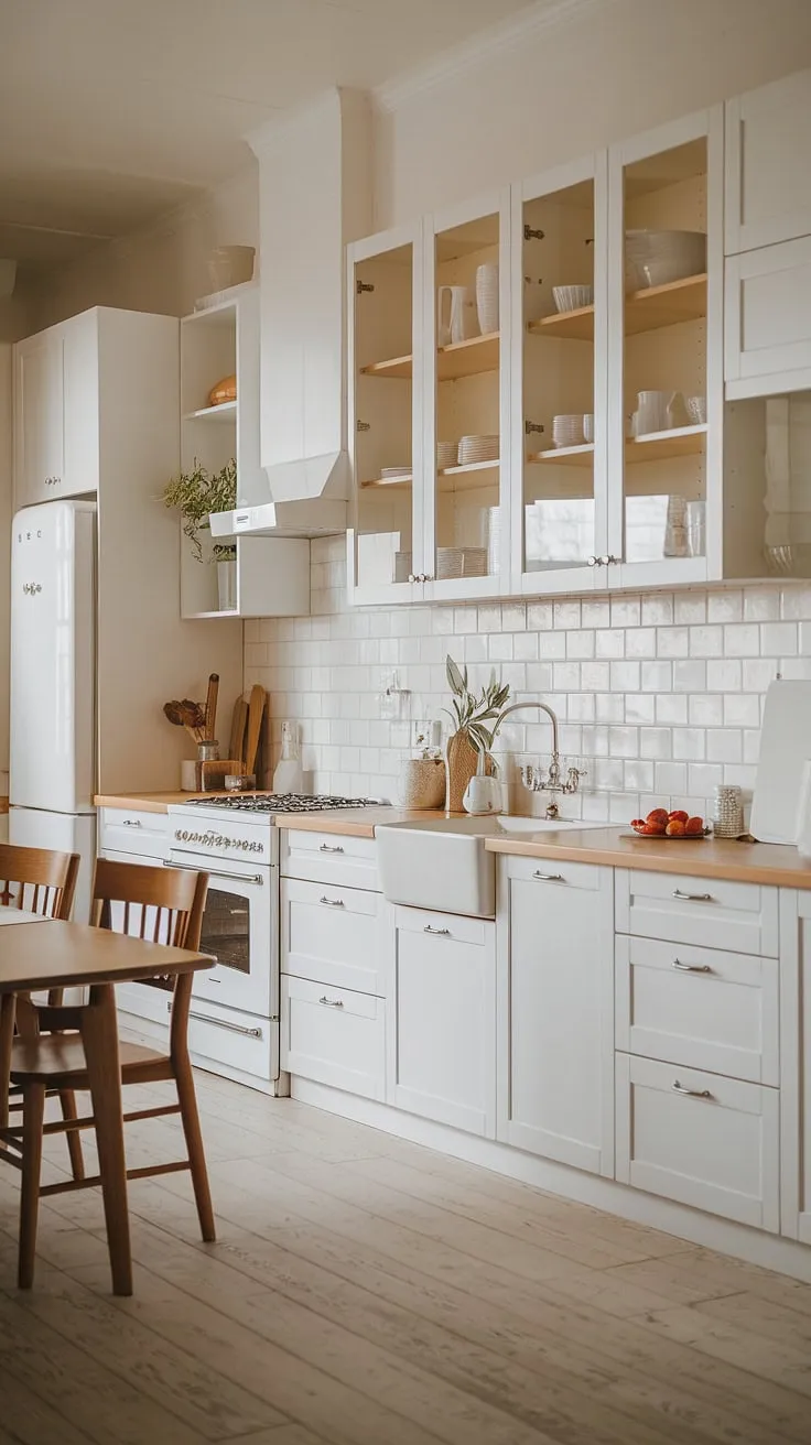 This Japandi kitchen showcases a modern design with white cabinets, a light wood floor, and a white oak countertop, creating a warm and inviting atmosphere perfect for a stylish living space.