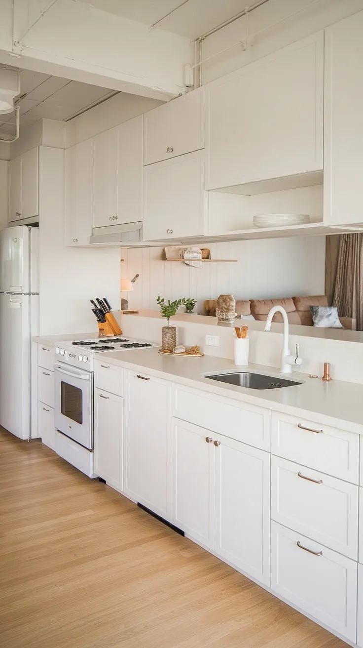 This Japandi kitchen features white cabinets, light wood flooring, and white quartz countertops, harmonizing beautifully with the modern living room's beige sofa and white coffee table.
