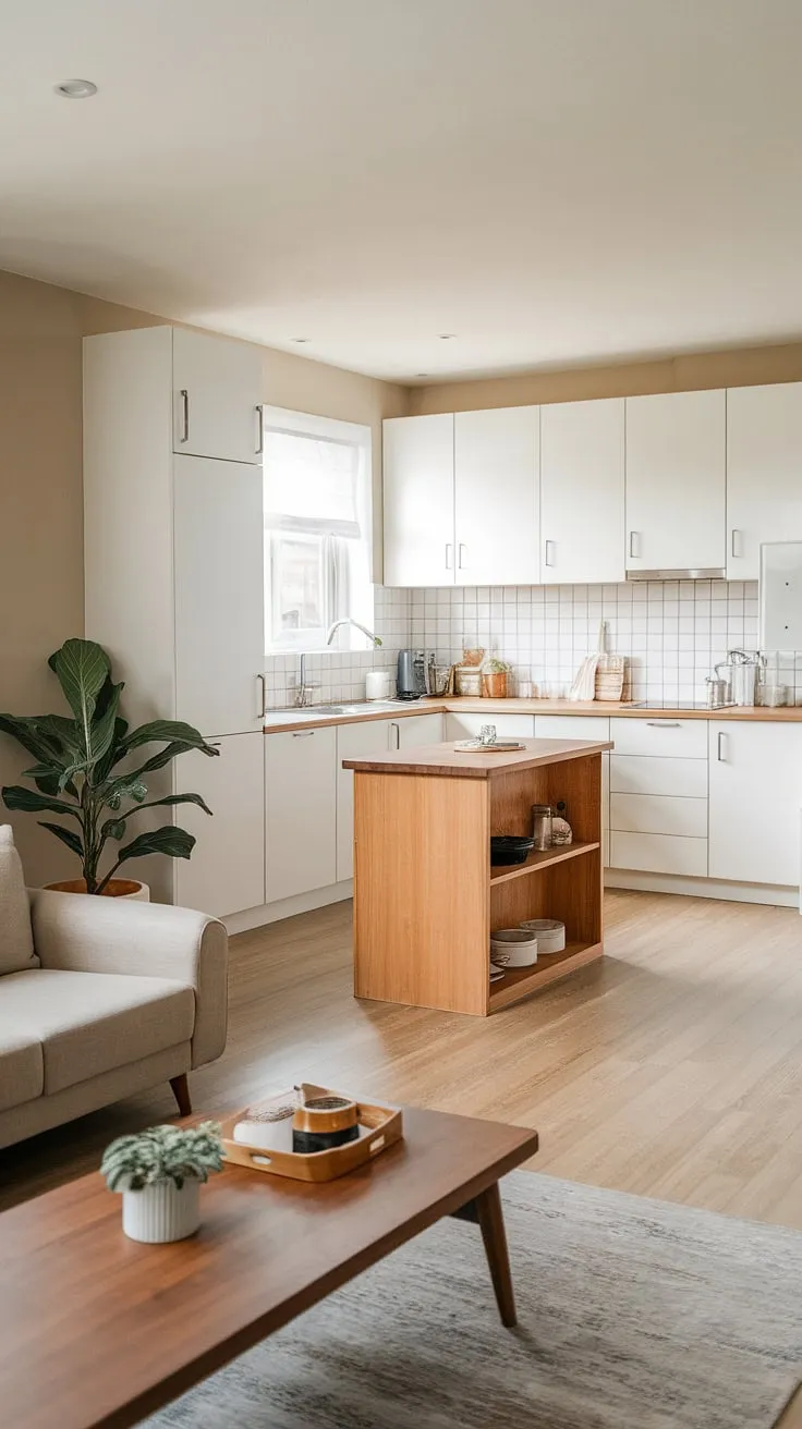 This Japandi kitchen features modern white oak elements and white cabinets, harmonizing beautifully with the light wood design of the Japandi living room.