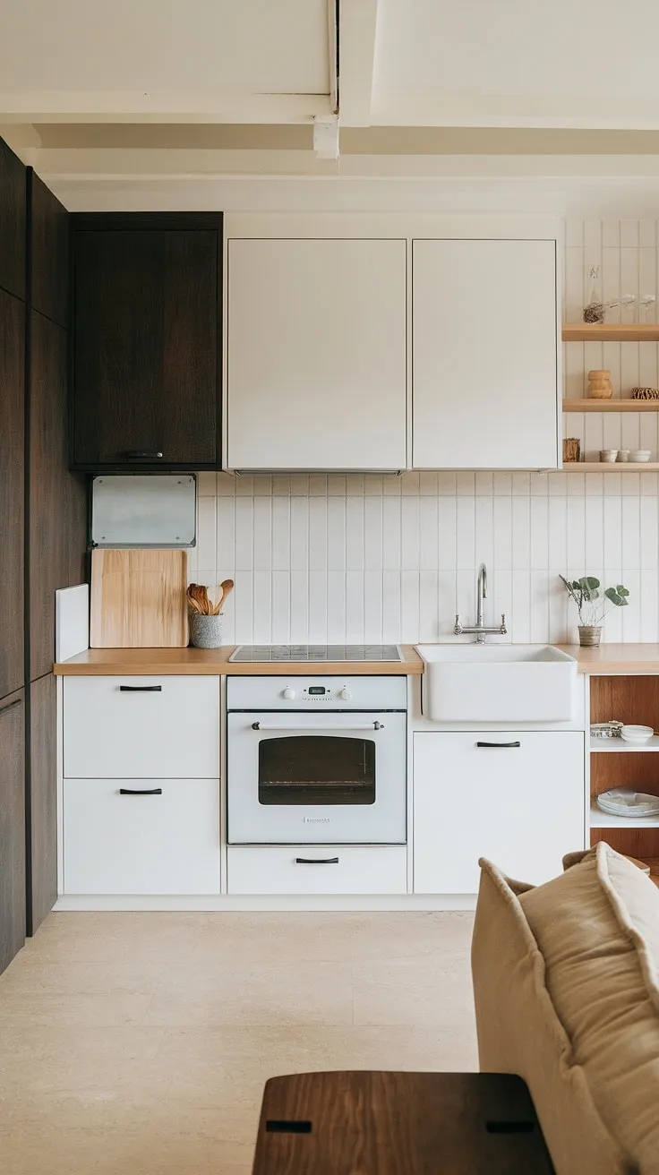 This Japandi kitchen features a modern design with white cabinets and a light wood countertop, harmonizing beautifully with the wood and beige kitchen elements in the adjacent Japandi living room.