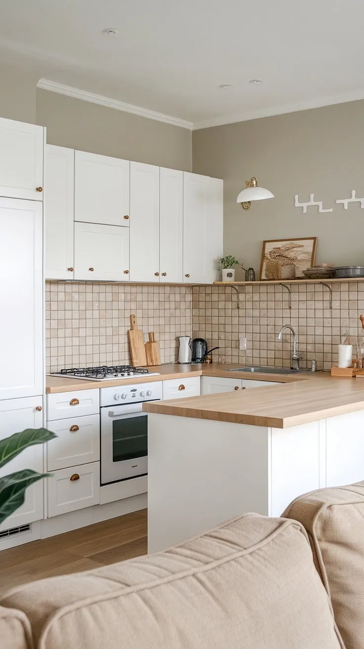 This Japandi kitchen features white cabinets, light wood countertops, and a modern white oak island, harmoniously connecting to a beige living room for a cohesive wood and white modern kitchen design.