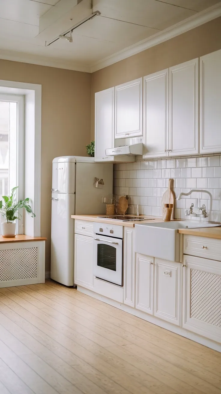 This Japandi kitchen features white cabinets and a light wood countertop, harmonizing modern kitchen design with a wood and beige palette for a stylish and inviting space.
