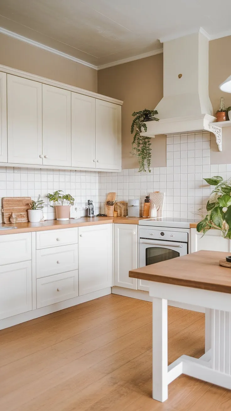 This Japandi kitchen features white cabinets, light wood flooring, and a modern white oak countertop, creating a warm and inviting atmosphere perfect for a stylish living space.