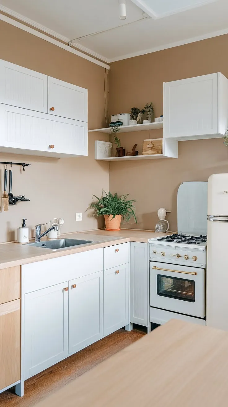 This Japandi kitchen features white cabinets and a light wood countertop, harmonizing modern kitchen design with a wood and beige palette for a stylish and functional space.