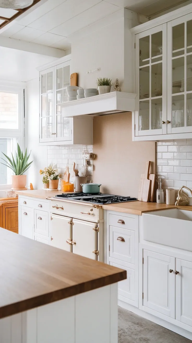 The Japandi-style kitchen showcases a harmonious wood and white color scheme with white oak cabinets, a light wood countertop, and a beige backsplash, creating a modern and inviting space.