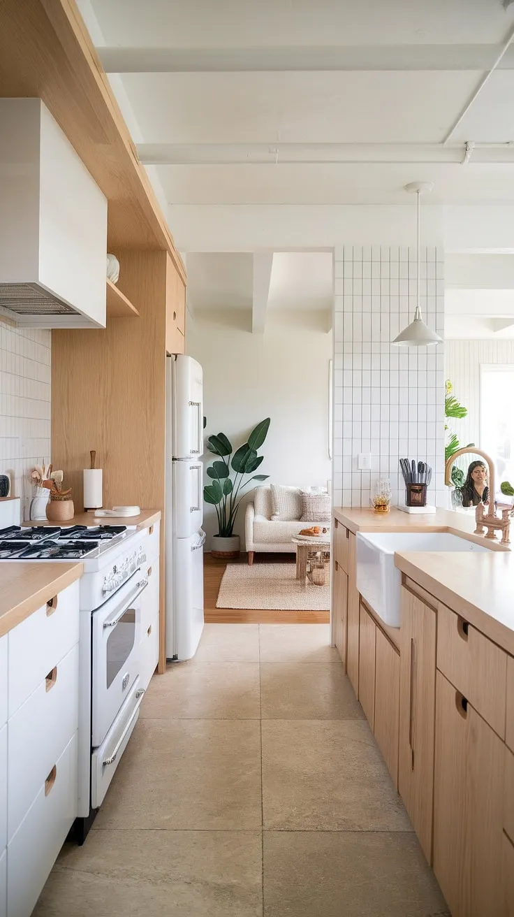 The modern white oak kitchen showcases a perfect blend of wood and beige tones, complemented by a stylish Japandi living room that ties the space together.