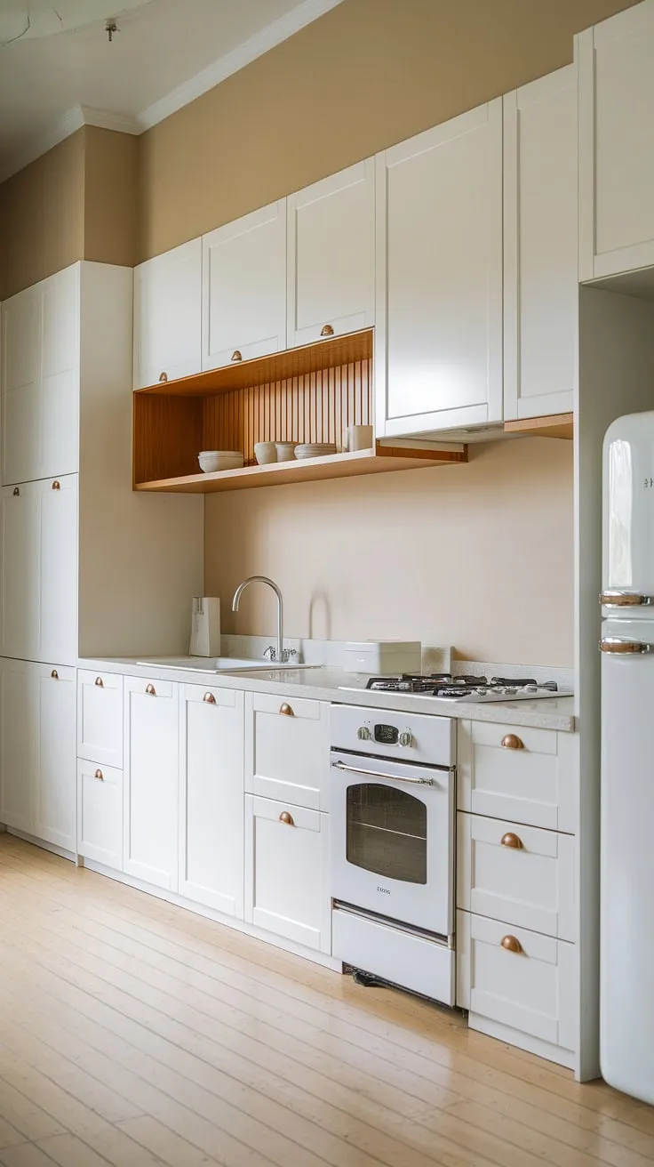 This Japandi kitchen features white cabinets and a light wood floor, blending modern kitchen design with minimalistic elements for a stylish wood and beige aesthetic.