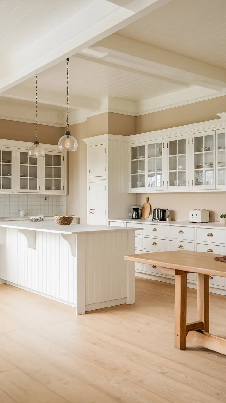 This Japandi kitchen showcases a harmonious blend of modern white oak and beige elements, featuring white cabinets, light wood flooring, and a spacious layout with a large island and wooden dining table.