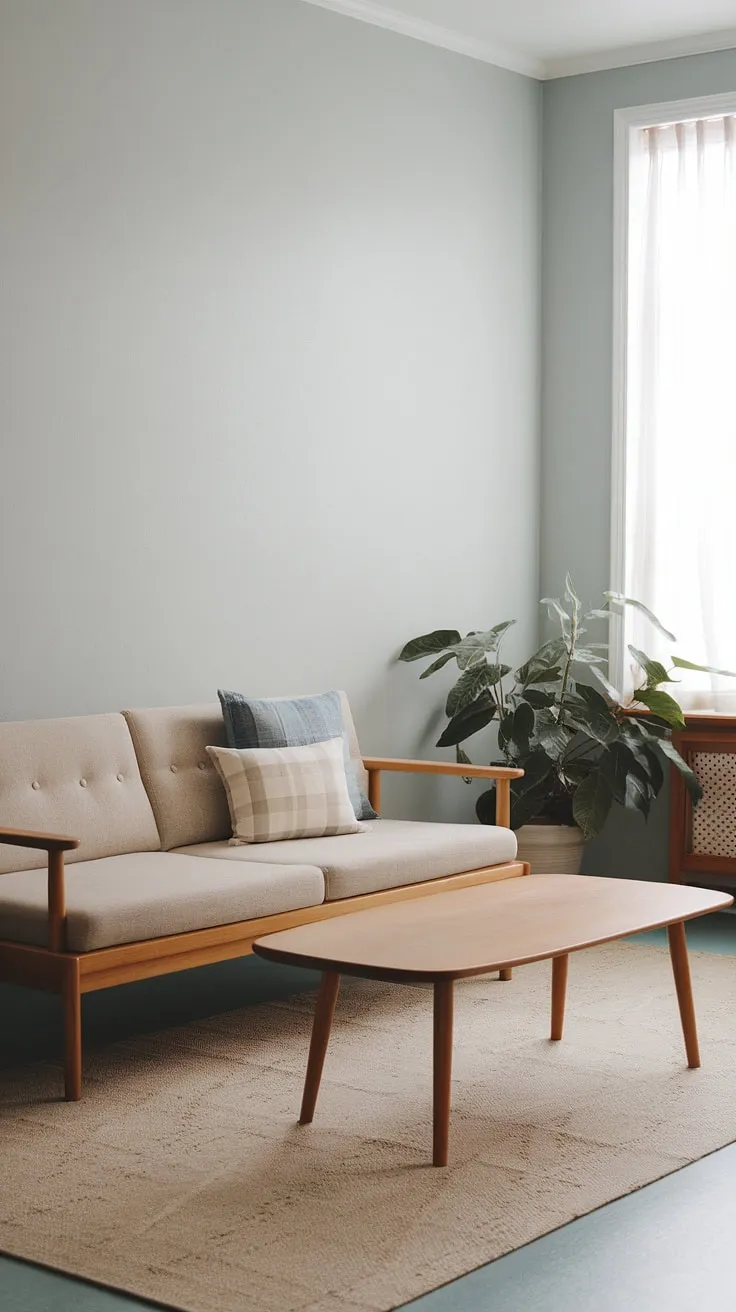 This japandi living room showcases minimalistic home decor with a beige sofa, wooden accents, and a light blue backdrop, perfectly embodying japandi style.