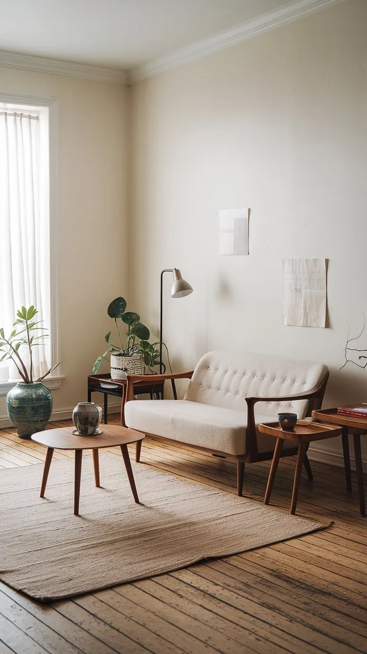 This Japandi living room showcases minimalistic home decor with a beige sofa, wooden accents, and a touch of greenery, perfectly embodying Japandi interior design.