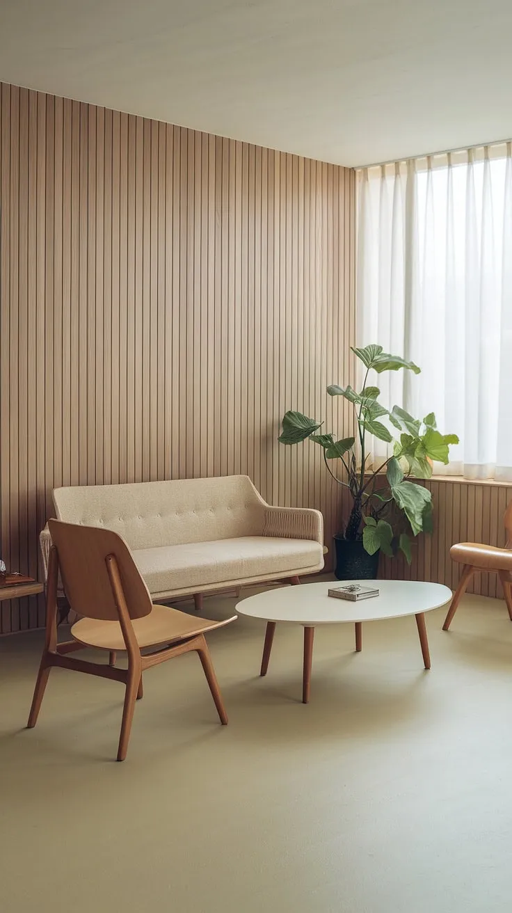 The Japandi interiors of this living room feature a harmonious blend of minimalistic home decor, including a beige sofa and wooden elements, creating a tranquil Japandi home atmosphere.
