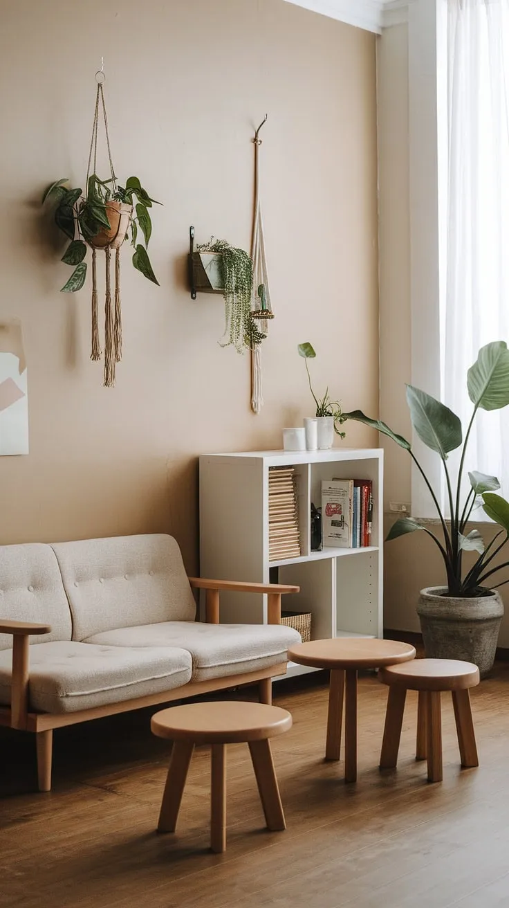 This Japandi living room showcases minimalistic home decor with a beige sofa, wooden accents, and lush greenery, perfectly embodying Japandi style.