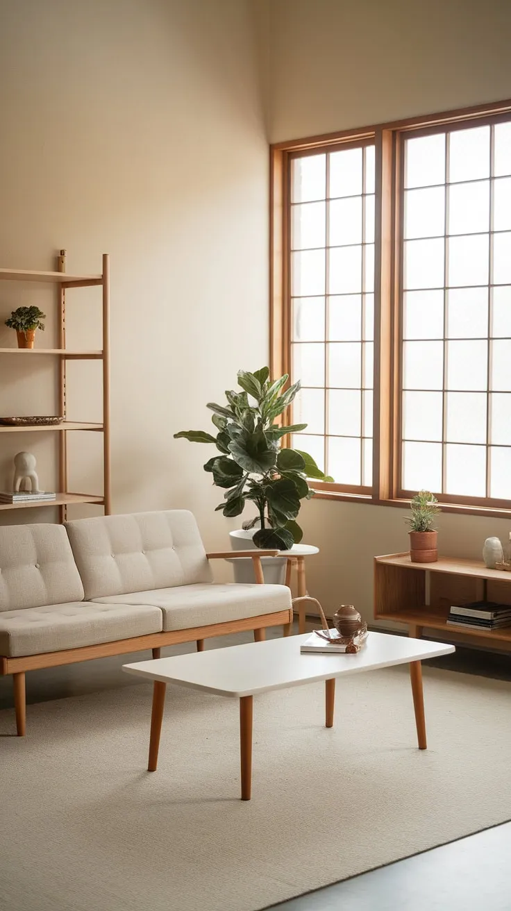 The japandi interiors of this living room feature a harmonious blend of minimalistic home decor, including a beige couch and wooden elements, creating a tranquil japandi home atmosphere.