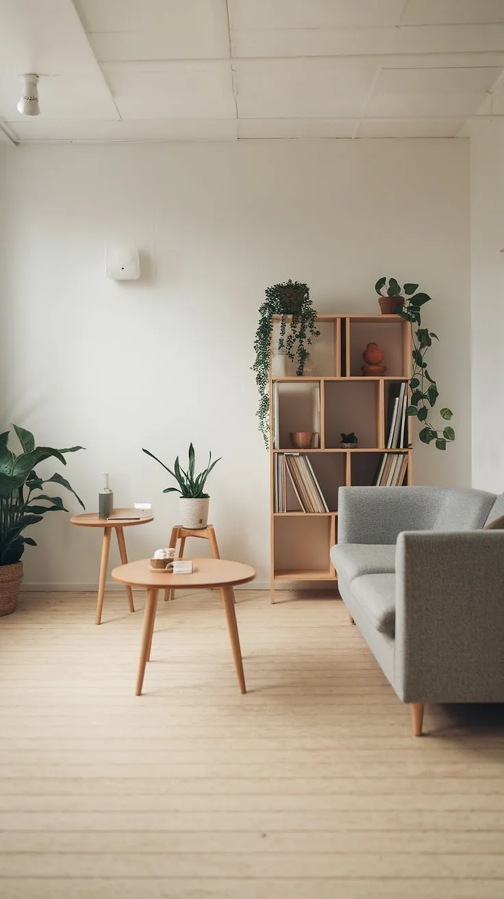 This Japandi living room showcases minimalistic home decor with light wooden floors, soft lighting, and a harmonious blend of furniture and plants for a tranquil Japandi home.